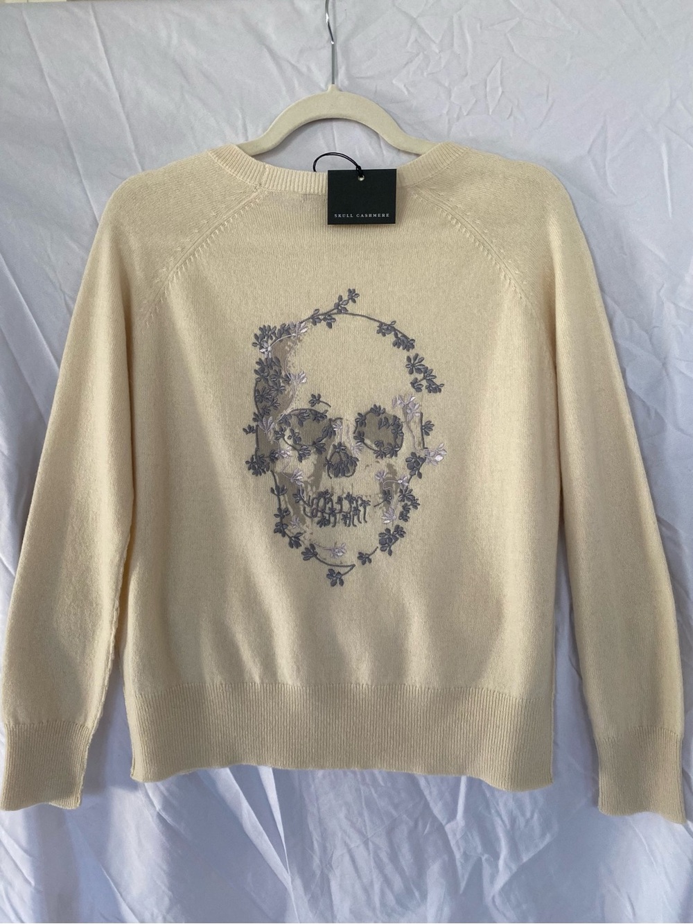 Skull Cashmere Cream Crewneck Sweater with Floral Skull Embroidery NWT